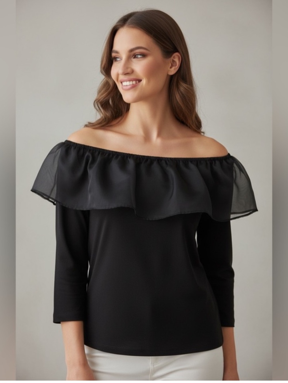 J.Crew Black Off The Shoulder Long Sleeve Ruffle Neckline Top Size M